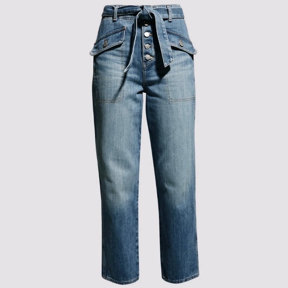 Veronica Beard Rinley High-Rise Tie-Waist Cropped Straight Leg Jeans